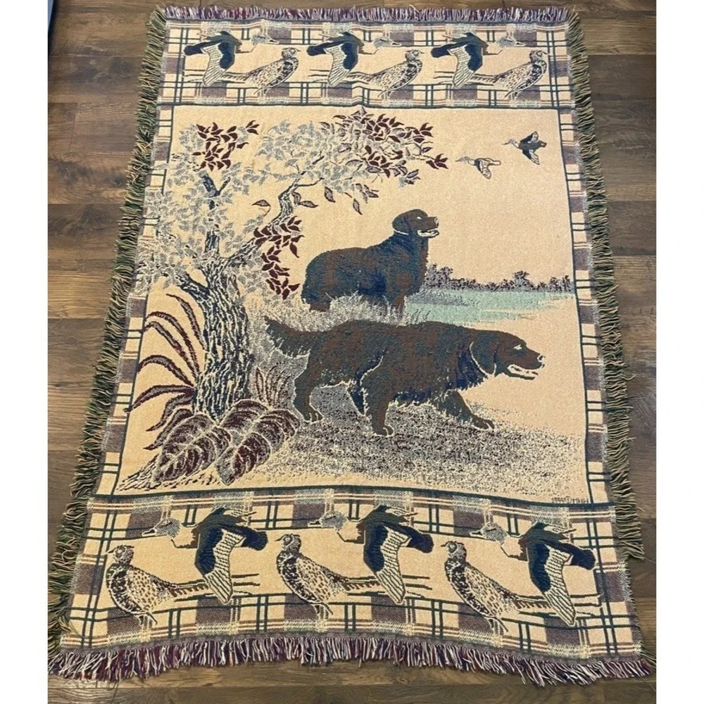 Hunting Dog Lab Retriever Duck Tapestry Throw Blanket Lodge Cabin Decor 65.5x46